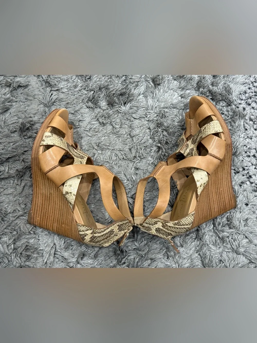 Cole Haan Air Kimry Nudge Tan Beige Leather Snake Print Wedge Sandals Shoes